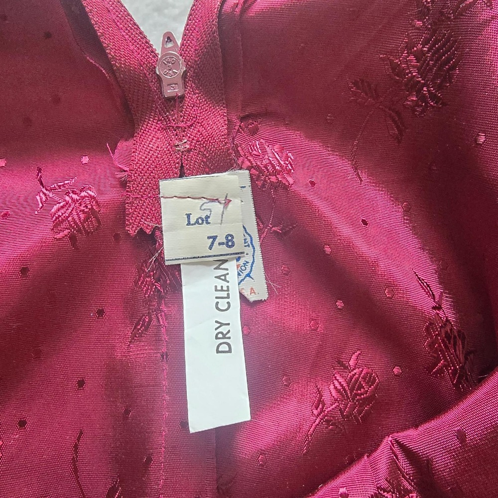 Vintage 80s Burgundy Floral Satin Jacquard Gown ILGWU Union Made Prom Dress 7-8 - Picture 14 of 16